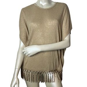 Esperanza Tan Draped Short Sleeve Fringe knit Top